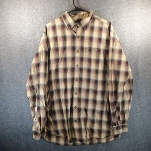 Carhartt Shirt Men L Tall Brown Beige Plaid Flannel Button Down Lumberjack
